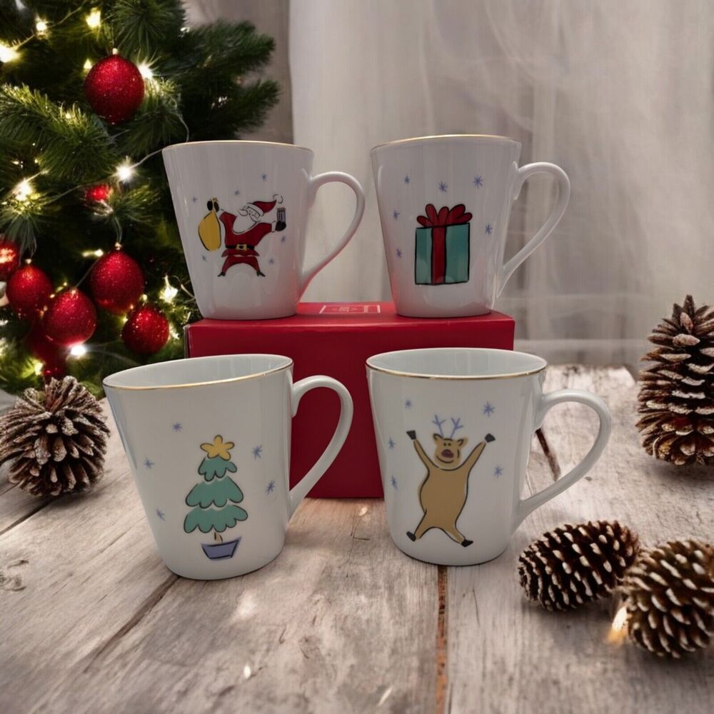 Set Of 4 Vintage Merry Brite Porcelain MERRY CHRISTMAS Mugs: Whimsical